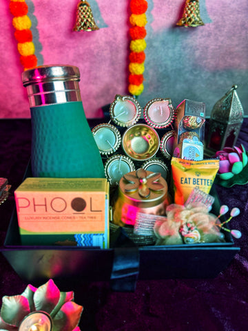 Aftaab Copper Essential Hamper – Gift Box with Copper Bottle, Incense, Diya Urli & Gourmet Treats