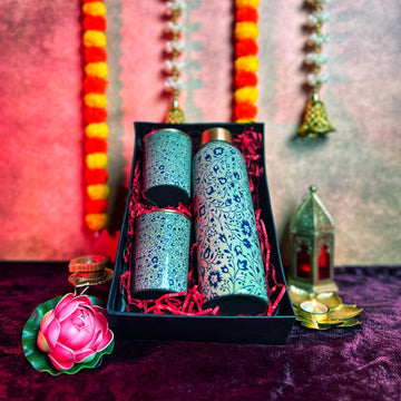 Saanjh Printed Copper Bottle & Glass Set β Designer Copper Water Bottle with Glasses for Healthy Living