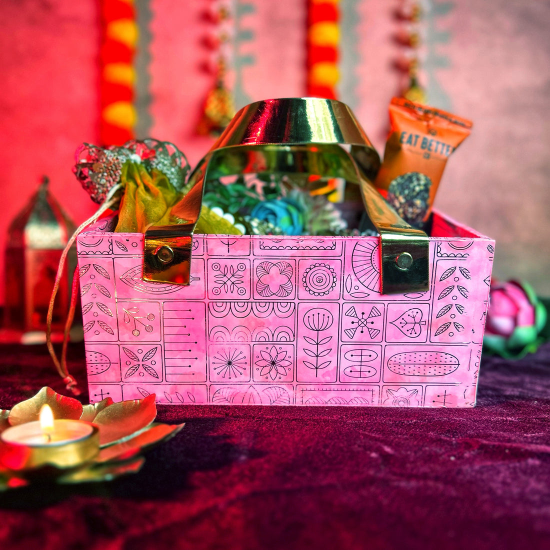 Urooj Basket Hamper – Luxury Diwali Gift with Handcrafted Candles & Festive Delights