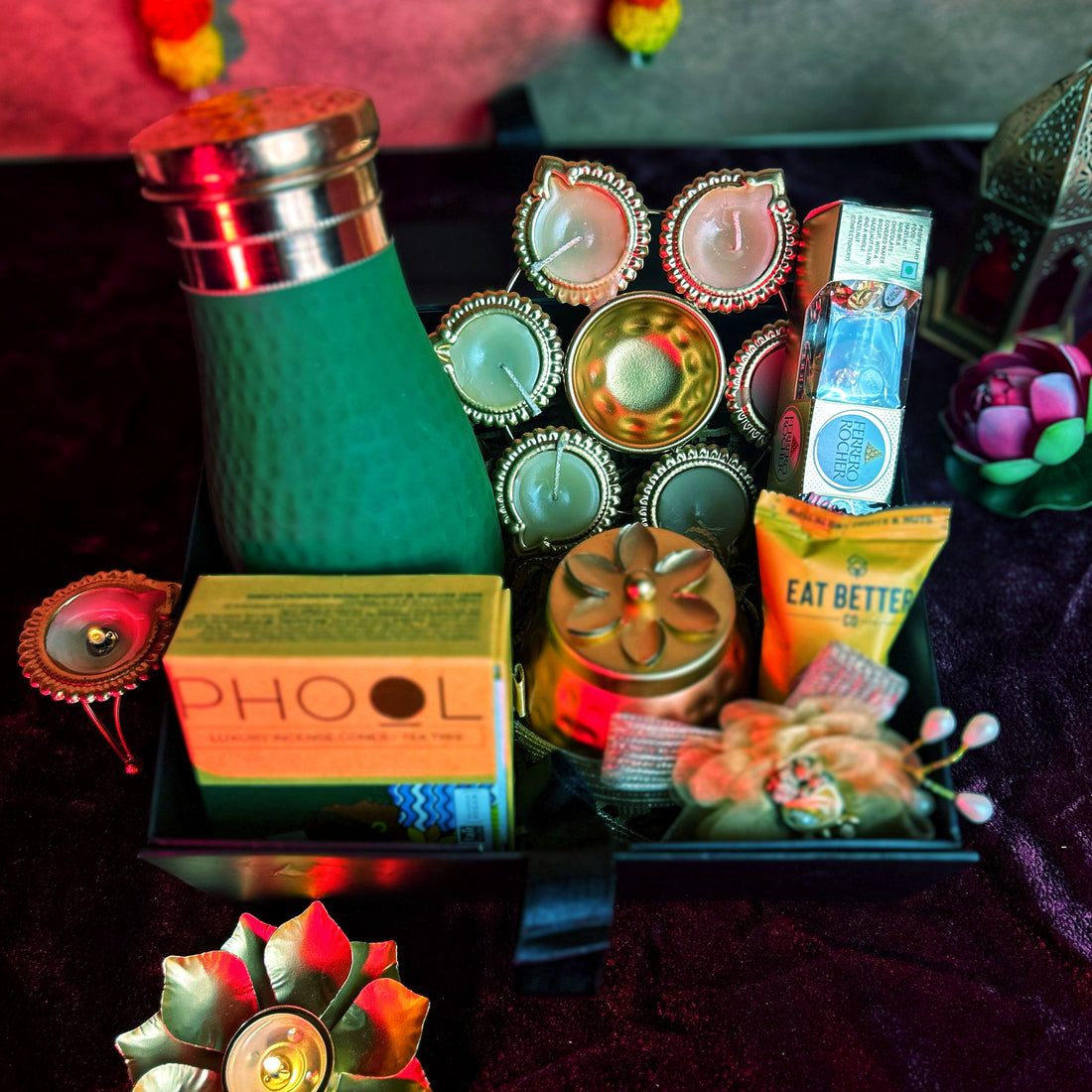 Aftaab Copper Essential Hamper – Gift Box with Copper Bottle, Incense, Diya Urli & Gourmet Treats