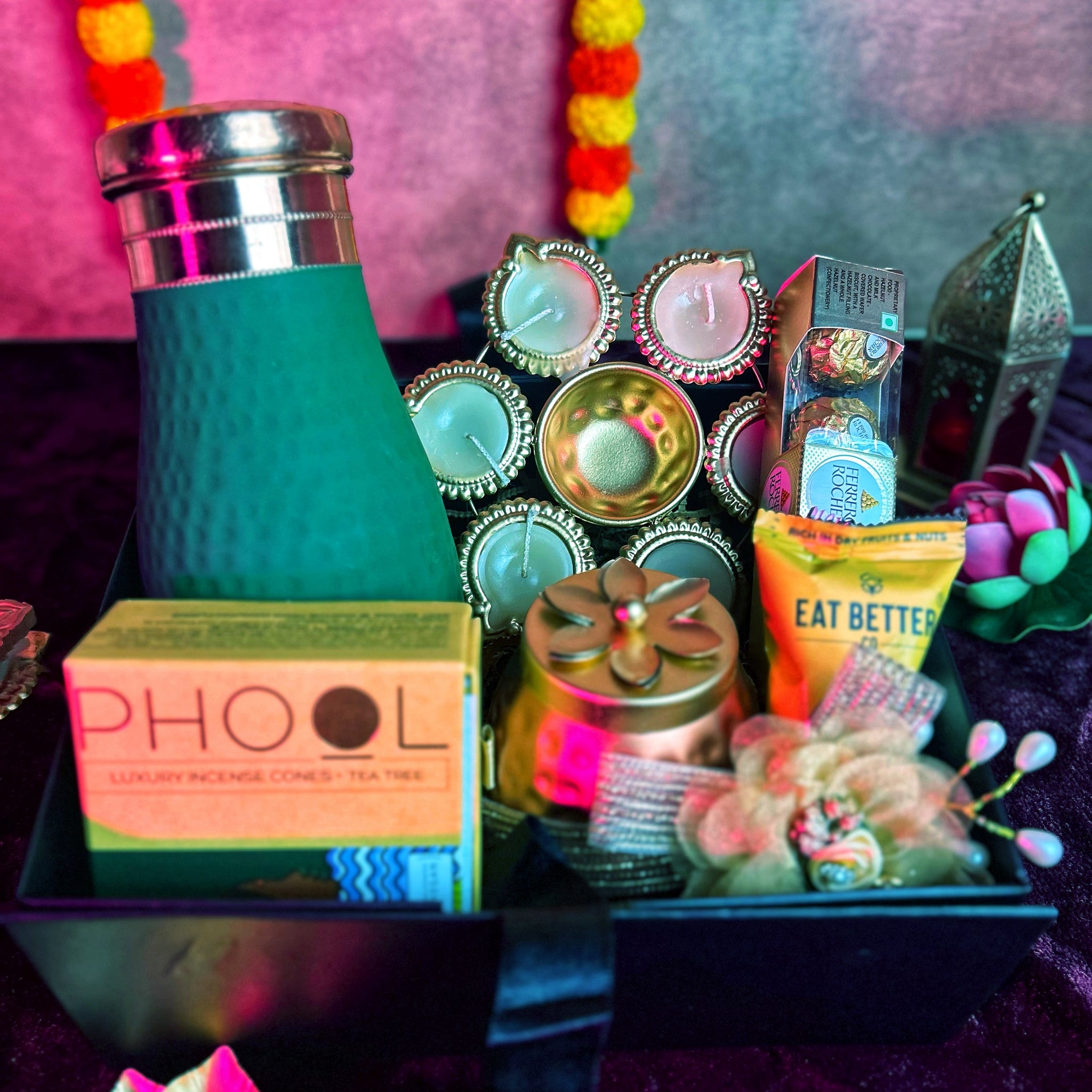 Aftaab Copper Essential Hamper – Gift Box with Copper Bottle, Incense, Diya Urli & Gourmet Treats