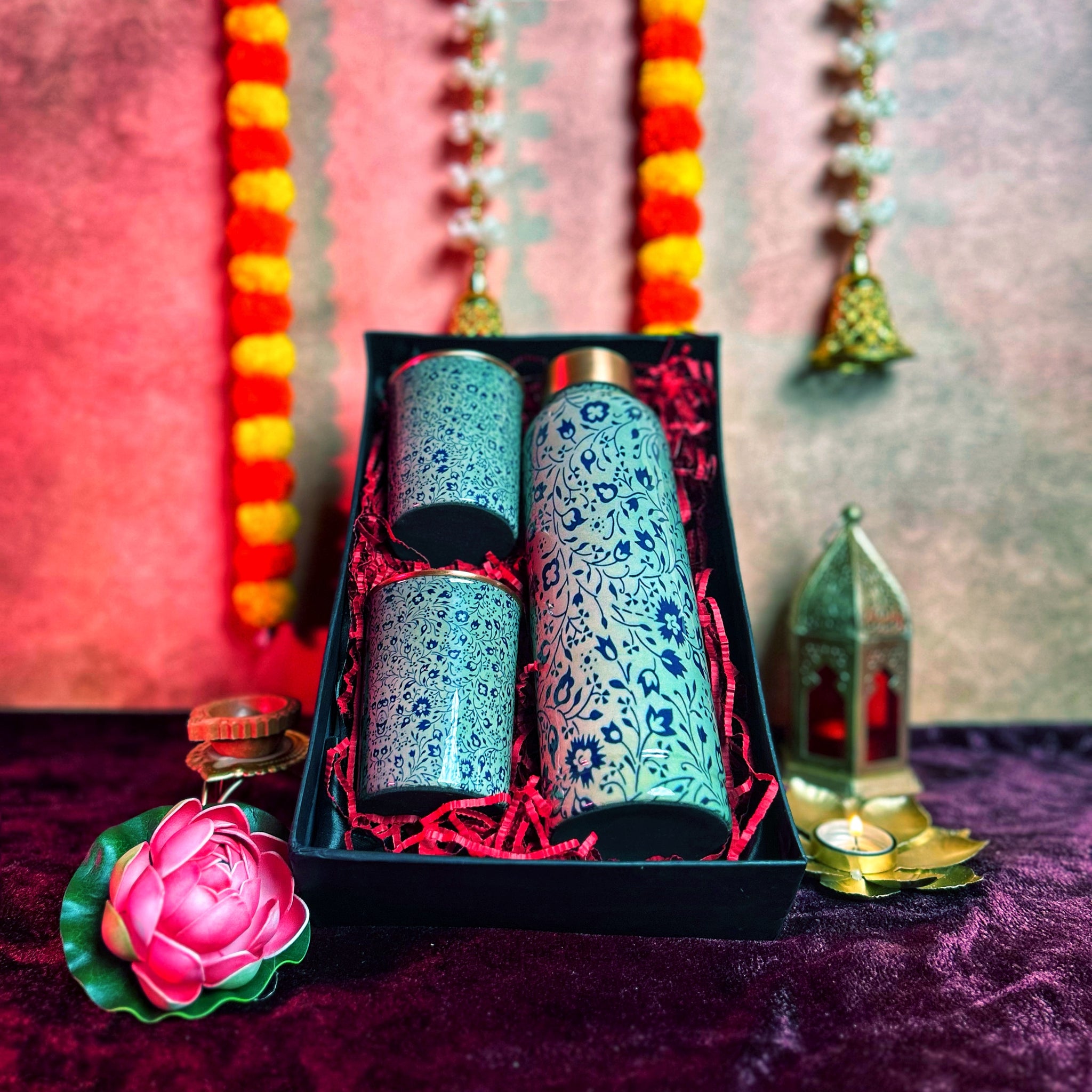 Saanjh Printed Copper Bottle & Glass Set – Designer Copper Water Bottle with Glasses for Healthy Living