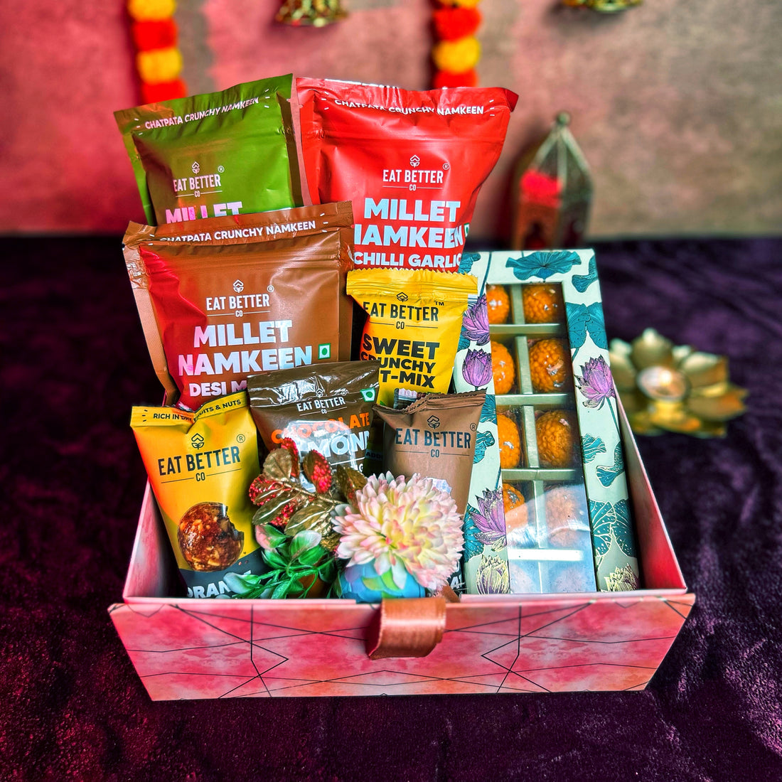Sparkle & Sweetness Gourmet Box – Festive Hamper with Laddu Candles, Namkeens & Chocolate Laddus