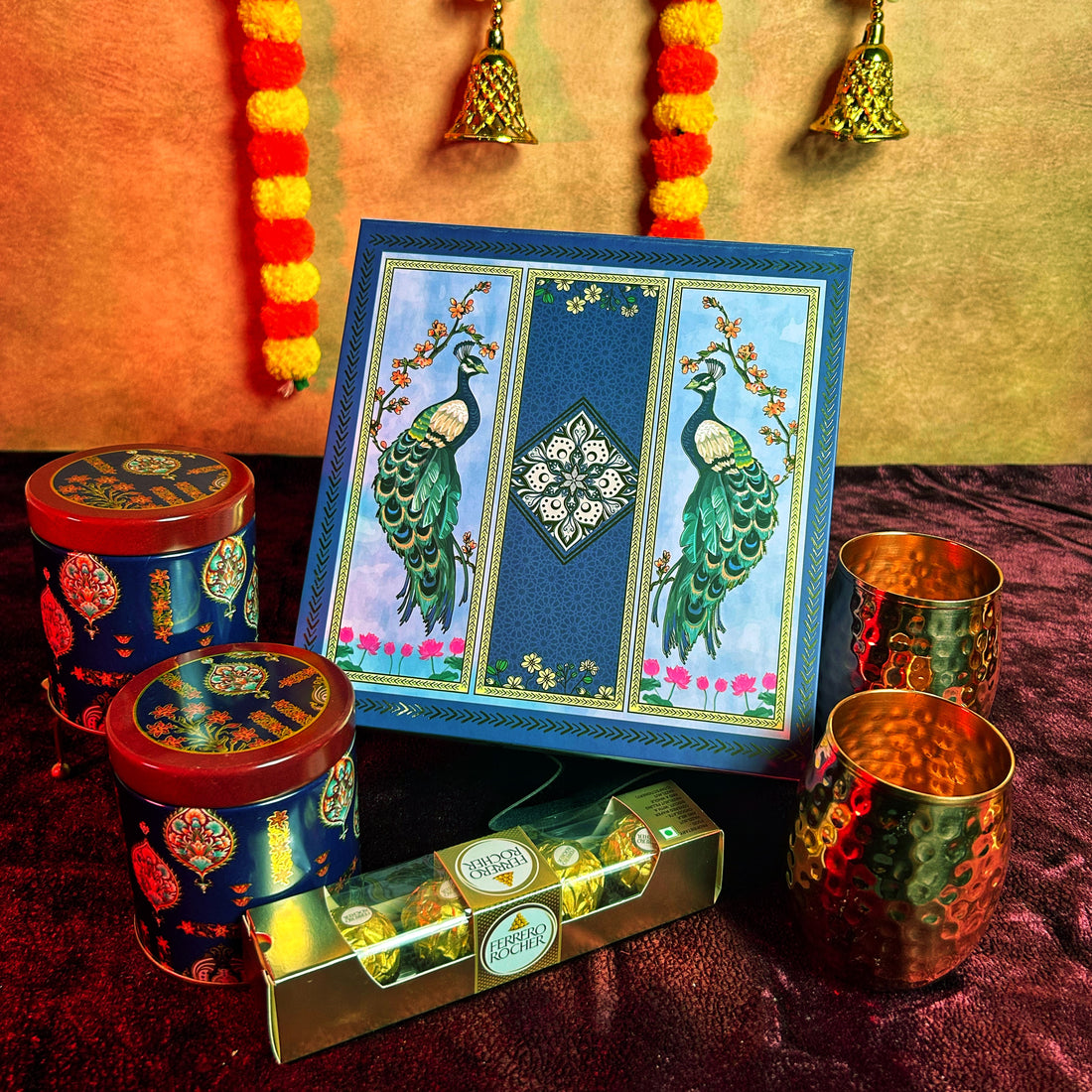 Golden Aura Hamper – Luxury Gift with Ferrero Rocher, Copper Glasses & Premium Dry Fruits